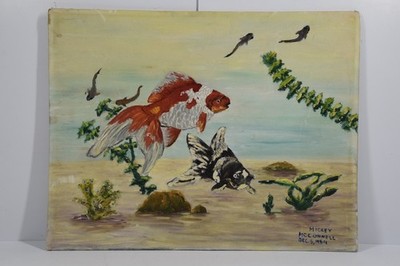 Vintage MCM Goldfish Painting Board Original 1959 Aquarium Koi Pond Asian Decor
