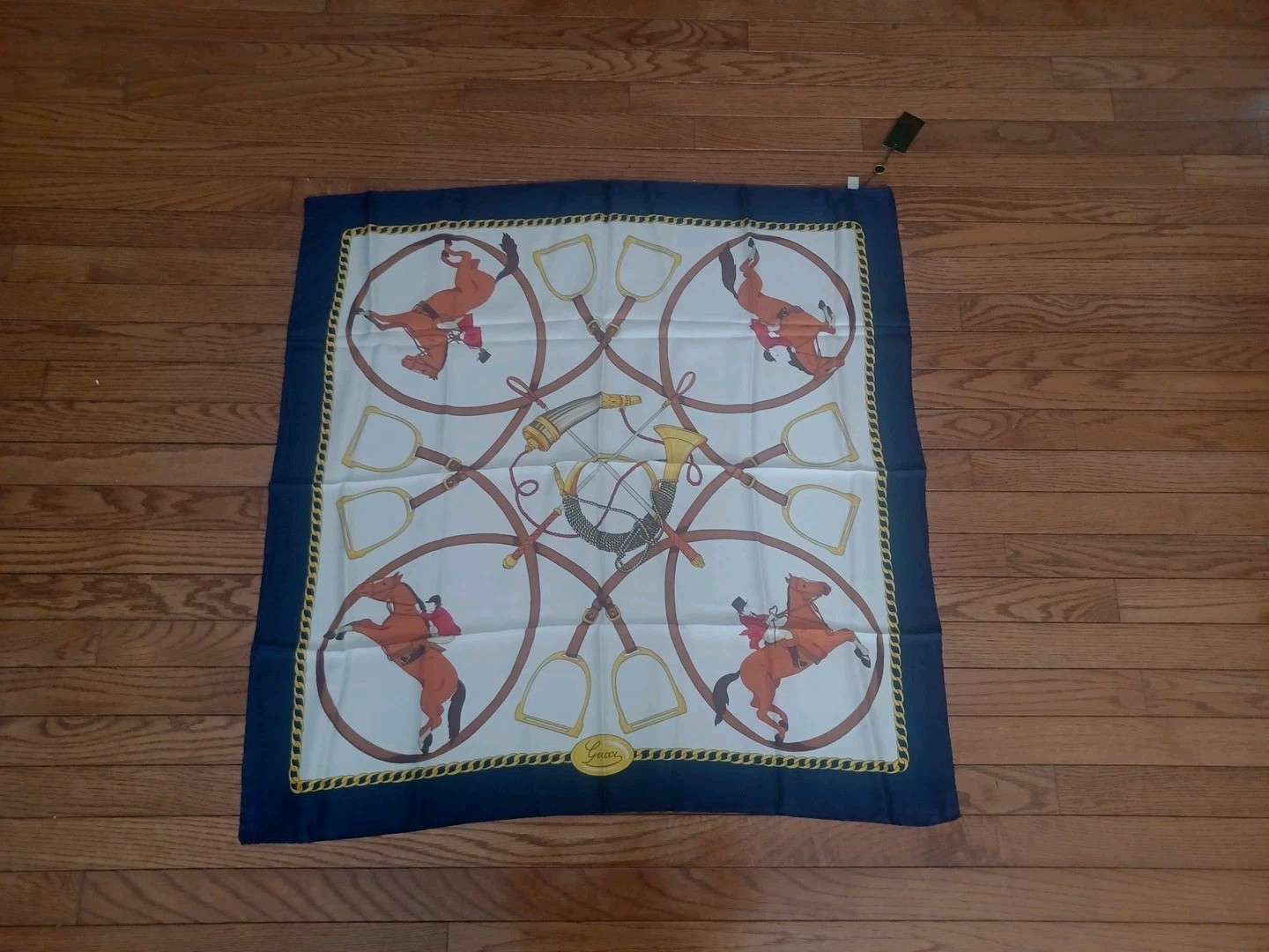 Vintage Gucci Horse Jockeys Blue Trim Silk Scarf 33”x33"  Ref4011 NWT 