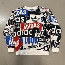 Adidas Originals Sweatshirt Medium White All Over Print Trefoil Crewneck Rare