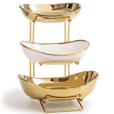 Gold Silver Fruit Bowl with Metal Stand, 3 Tier Ceramic White Fruit Bowl Frui...