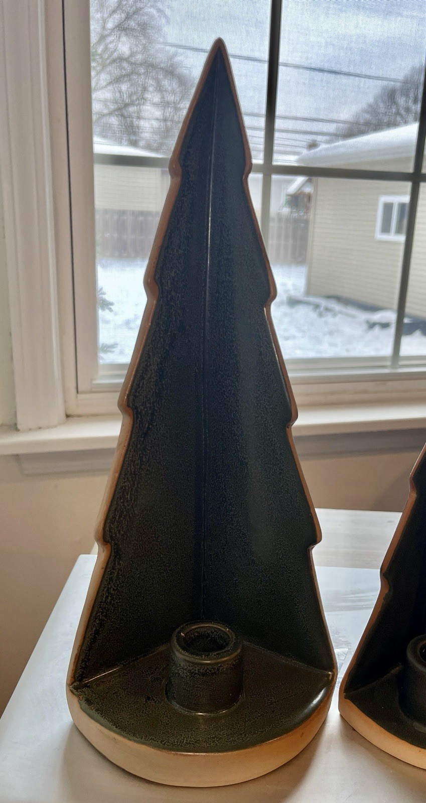 Pair Green Ceramic Christmas Tree Candle Holders