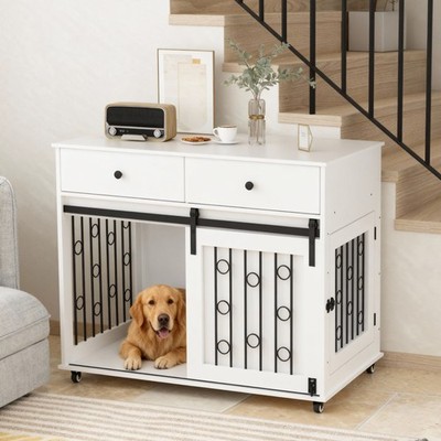 39.37'' Modern Wooden Dog Crate Furniture with Double Drawers and Sliding Barn D