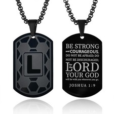Dog Tag Necklace Men Titanium Steel A-Z Letter Pendant Black Religious Gift