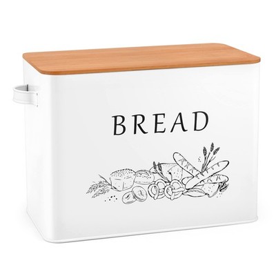 White Bread Box With Bamboo Lid For Kitchen Countertop Large Farmhouse Metal Bre