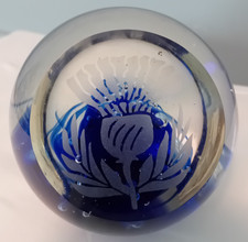 Etched Scottish Thistle Large Glass Paperweight - Blue