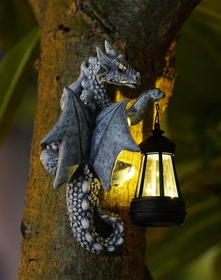 New Dragon Tree Hugger Solar Lantern Garden Statue - 9.3 Inch Resin Decor