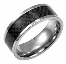 TITANIUM High Polished RING BAND with Carbon Fiber Accent, size 8 - Comfort Fit