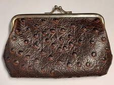 Vintage Coin Purse Kiss Lock Faux Leather Dark Brown Textured Pebbled