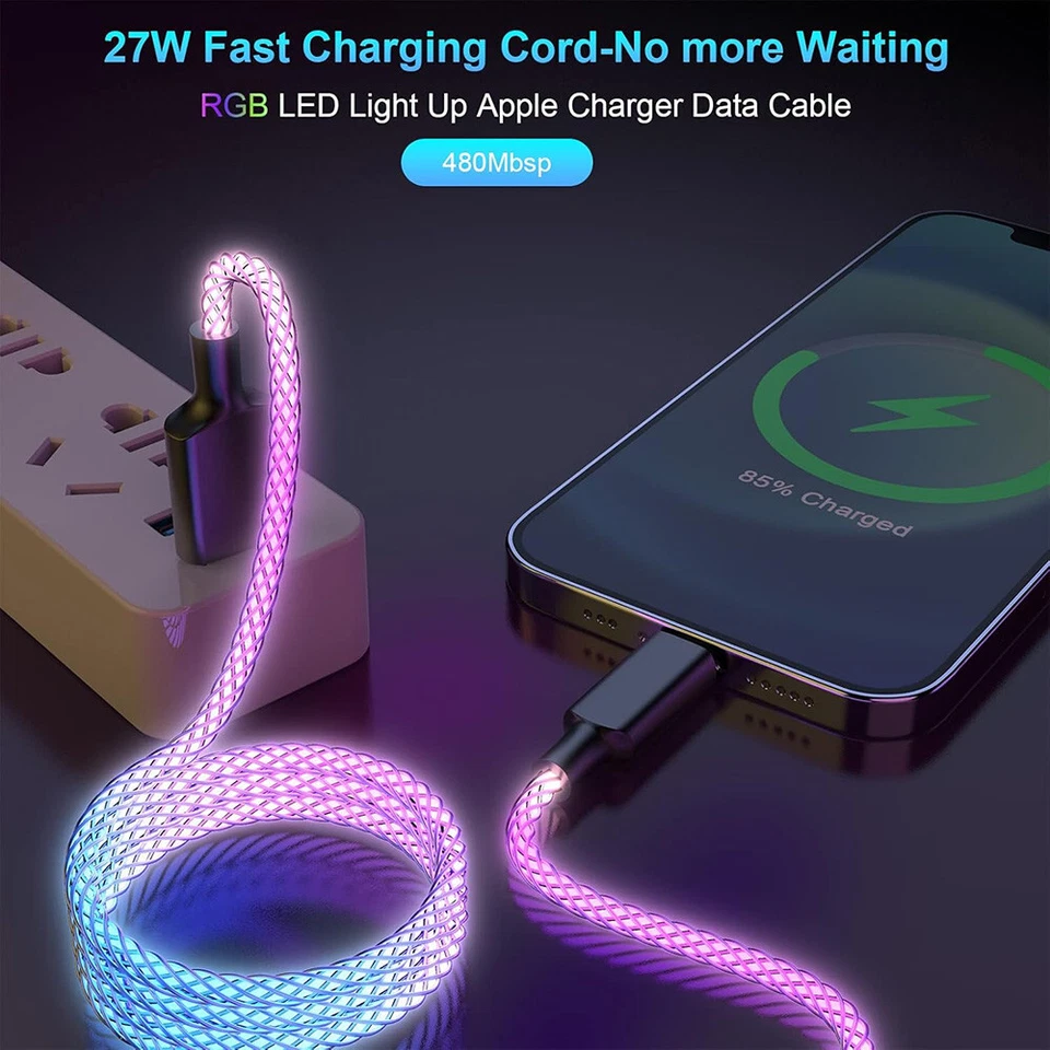 USB C To USB C Cable RGB LED Light 60W Fast Charging Cord Type C Charger - 3ft - Image 2 of 4