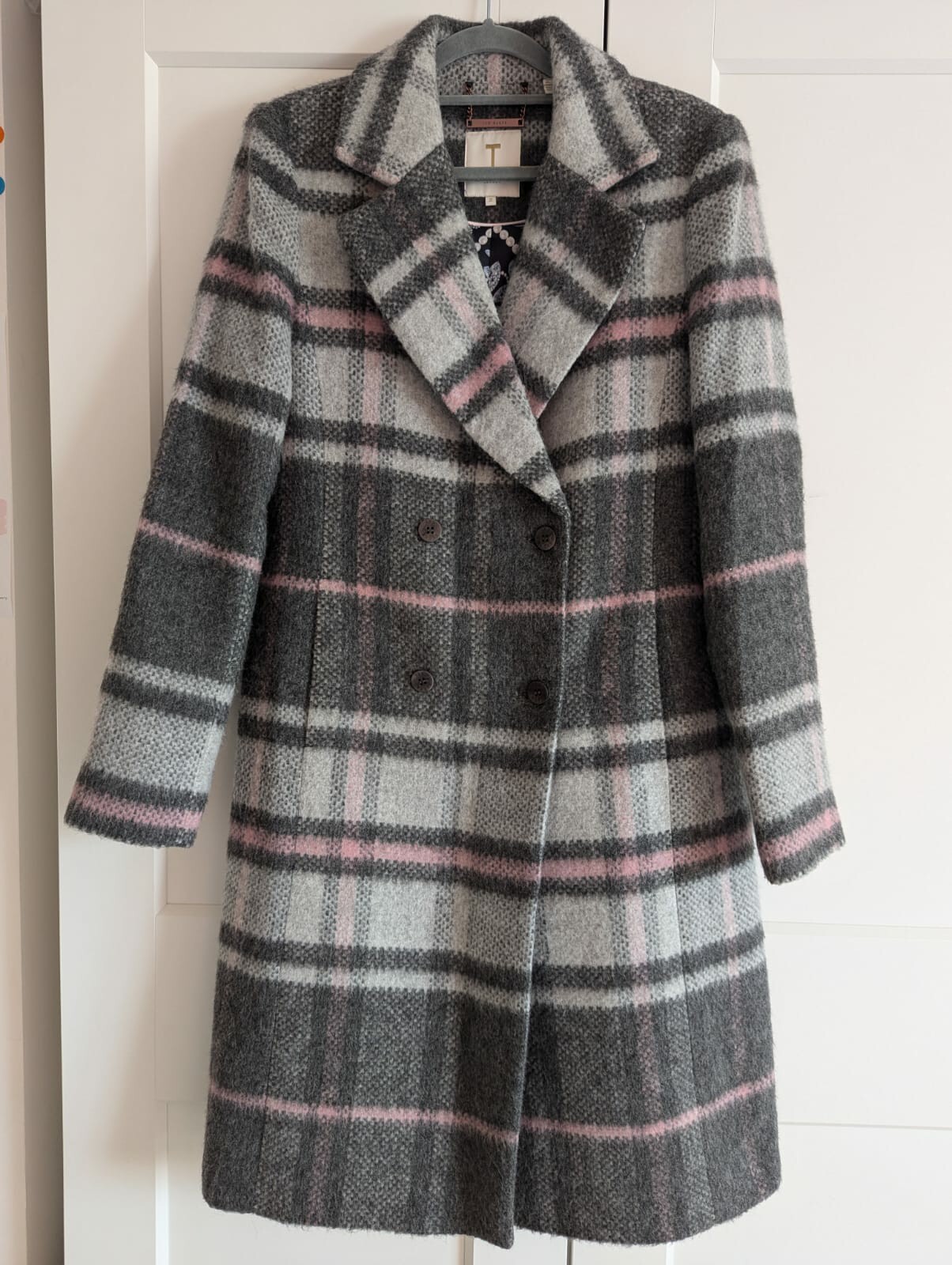 Ted Baker Pink & Grey Warm Wool Double Breasted Pea Coat UK 10, TB 2
