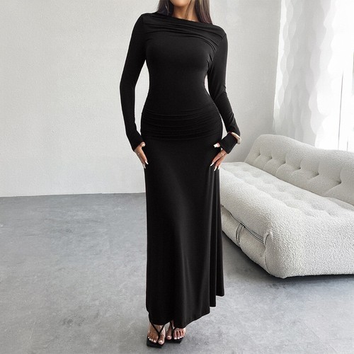 Damen Boot Hals Langärmeliges Kleid Maxi Bodycon Elegant Sexy Freizeit Party - Picture 3 of 20