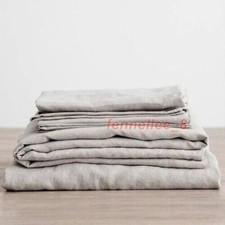 3PCS 100 WashedLinen Sheet Set Natural Flax BedSheets 2Pillowcases Breatherable