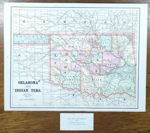 Vintage 1891 OKLAHOMA INDIAN TERRITORY Map 14"x11 Old Antique Original TAHLEQUAH - Picture 2 of 5