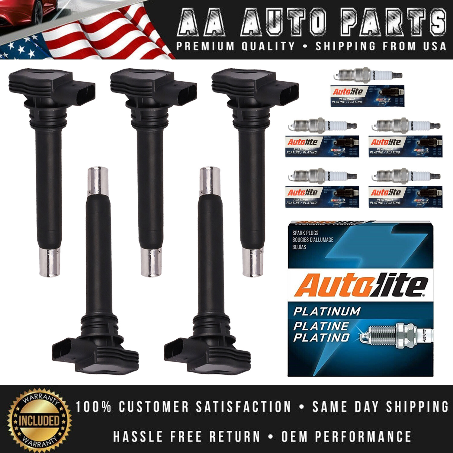 5x Ignition Coil  5 Autolite Spark Plug for Volkswagen Jetta Golf l5 2.5L 05-14