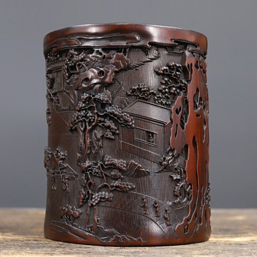 Chinese Antique Old Bamboo Carved Scenery Brush Pot Collection Office Supplies - Picture 5 of 9