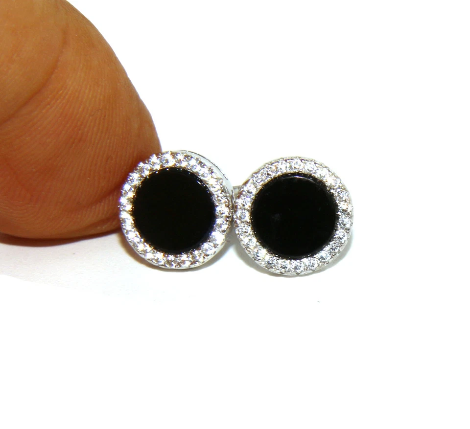 orecchini argento 925 bottone onice nero cornice zirconi bianchi brillanti 10mm - Immagine 4 di 4