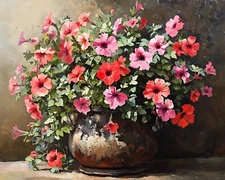 Wrought iron pot with petunias oil painting 8x10 Print