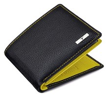 NEW BLACK/YELLOW BI-FOLD LEATHER MEN'S WALLET RFID PROTECTION GIFT ITEM
