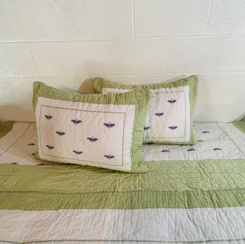 Pottery Barn Kids White Green Purple Dragonfly 86” X 68” Quilt & 2 Pillow shams