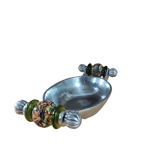 Southcoast Chrome Metal Serving Trinket Bowl W/ Boho Bead Handles 4.75 X 10" - Picture 12 of 16