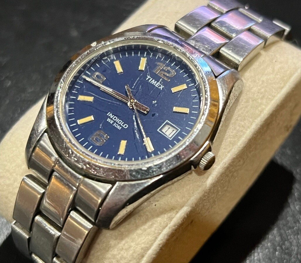 Vintage TIMEX Blue Dial Quartz Watch with Stainless Steel Bracelet WR 30M