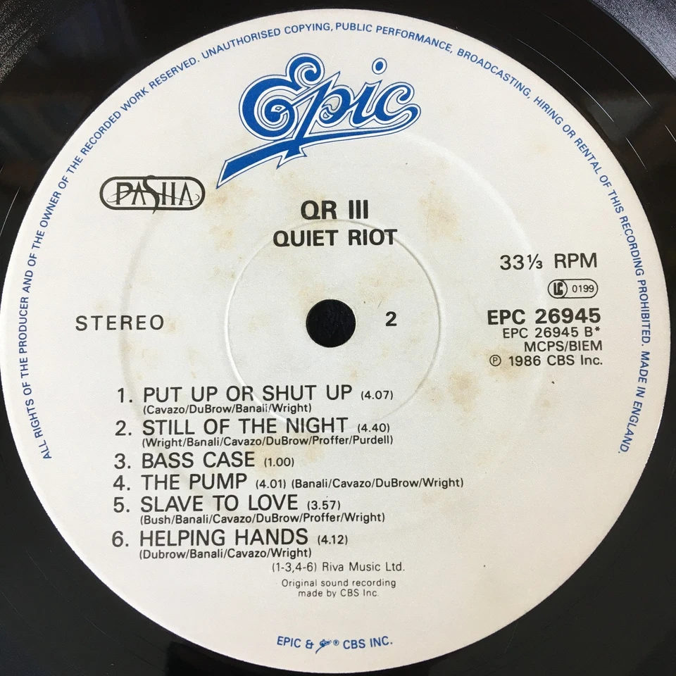QUIET RIOT 'QR III' 12'' VINYL ALBUM EPIC RECORDS EPC26945 1986 UK FIRST PRESS - Image 4 of 4