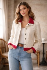 VTG Liz Claiborne White Denim Jacket Sz PS Pink Polka Dot Unique Upcycled Trim