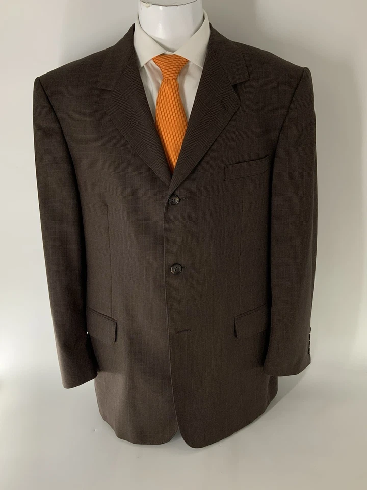 Chaqueta de Traje Giovanni 46L Marrón Azul Lana de Escala a Cuadros 3 Botones Sin Ventilación YGI U5-6 Foto 2 de 4