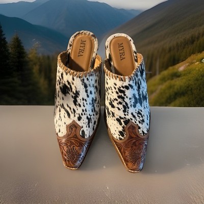 MYRA Animal Print Tooled Leather Western  Pointed Toe  Heel Mule Boot Women Sz 7