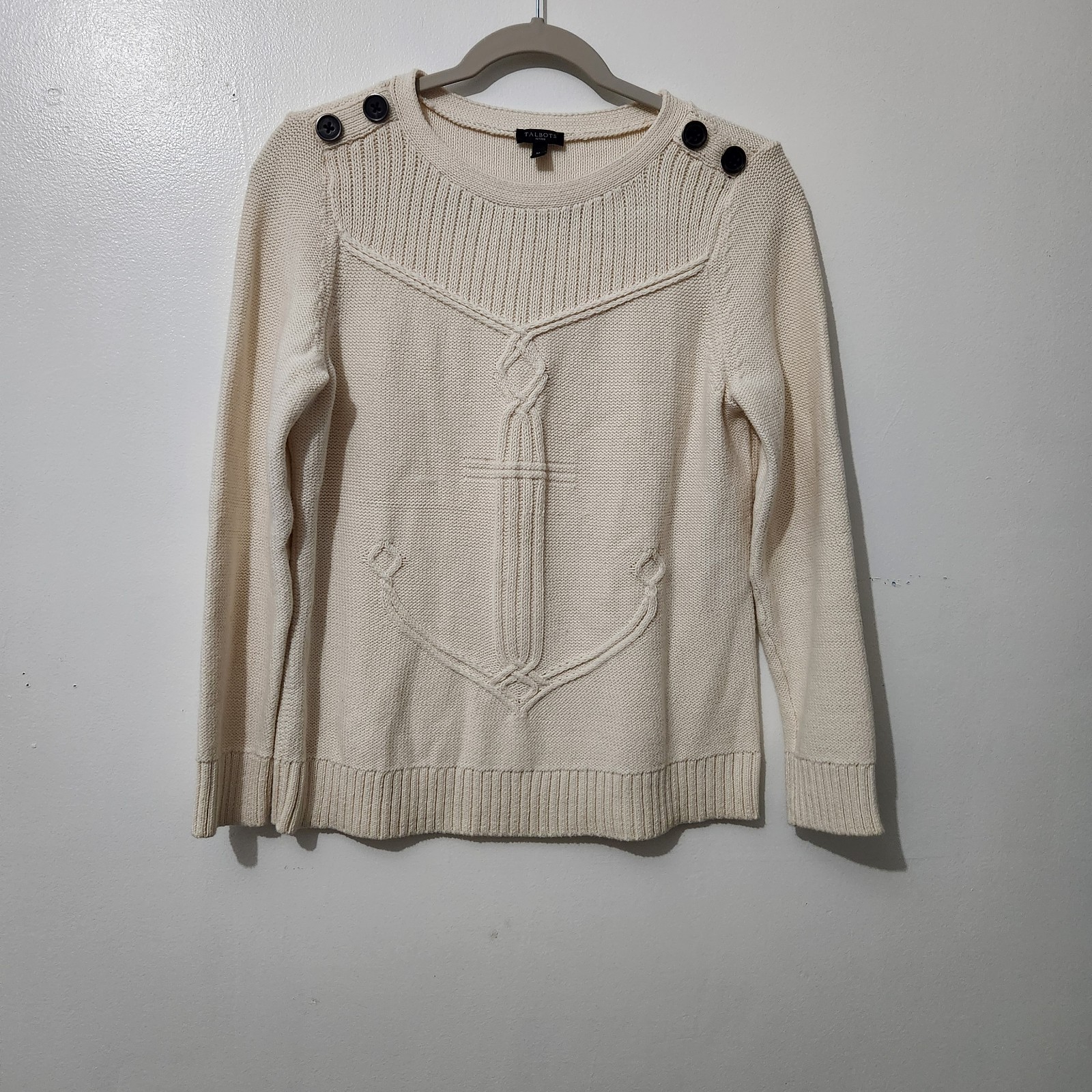 Talbots Cream Anchor Nautical Knit Pullover Sweater Size Medium Petite Women’s