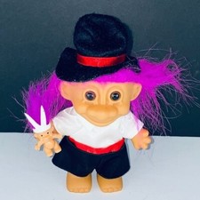 Russ Troll Doll Toy Magician Black Top Hat Satiny Suit Magenta Purple Hair Cute