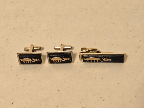 Vintage Herren Manschettenknöpfe & Krawattenschließe goldfarben & schwarz mit seltsamen Tier - Bild 3 von 7