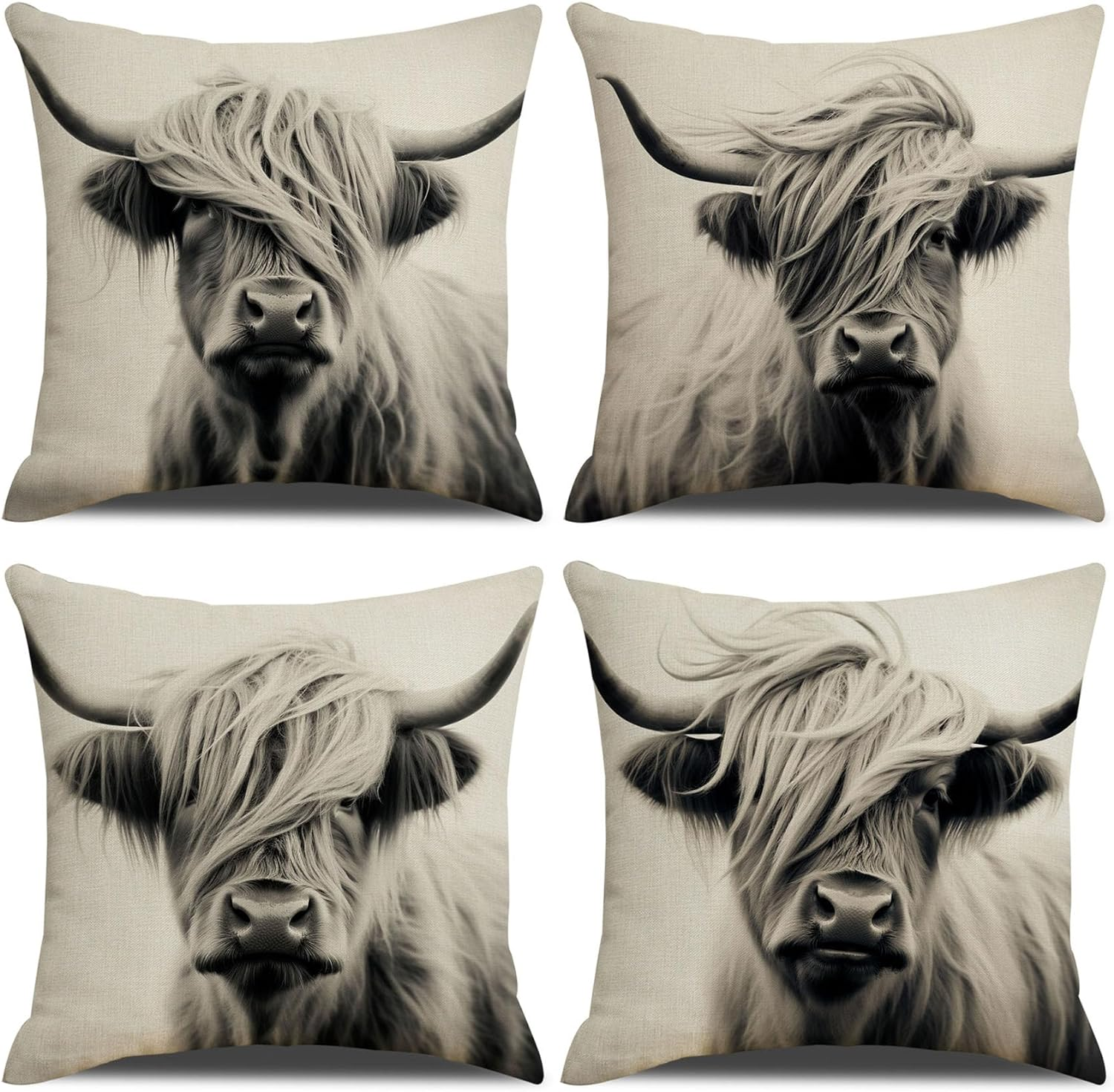 Throw Pillow Covers Set of 4, Highland Cow Pillow Case 18X18 Inch, Western Decor-image