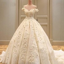 REOENEL AMOR Off The Shoulder Lace Flowers Princess Ball Gown Wedding Dresses
