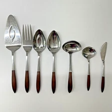 Vtg MCM Faux Wood Handles Canoe Muffin Style EKS10 7 Serving Pieces Ekco Eterna*