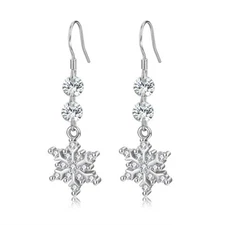 Women Sterling Silver Snowflake CZ Crystal Drop Dangling Earrings Gift G15