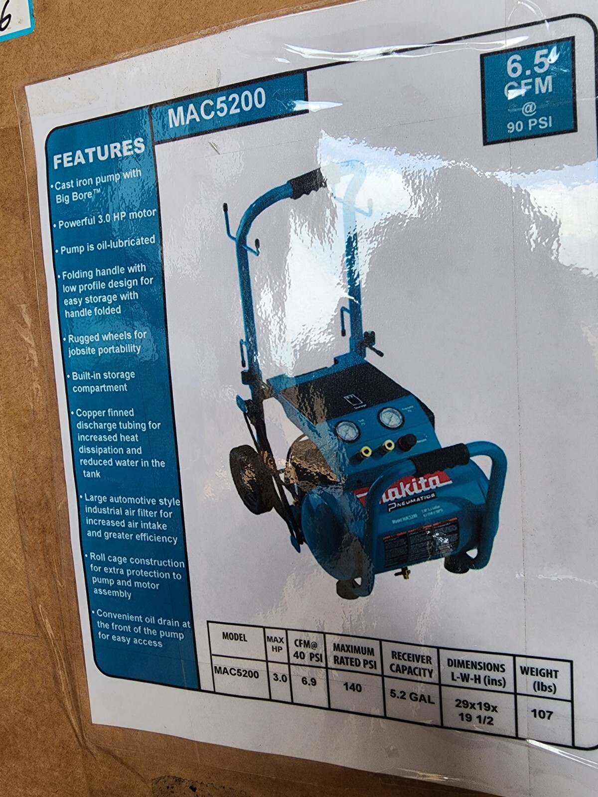 New Makita 3HP, 6.5cfm, Big Bore Air Compressor MAC5200