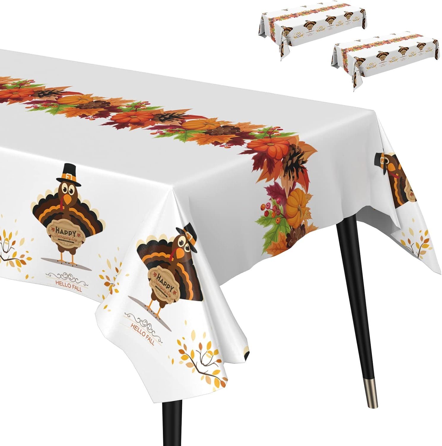 2-Pack 52x110 Inch Thanksgiving Turkey Plastic Tablecloth for Holiday Dining