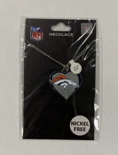 Denver Broncos Football Team Heart NFL Charm Silver 22" Necklace Packaged