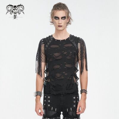 Devil Fashion Men Streetwear Black Gothic Punk Ripped Fishnet Short Sleeve  Shirt