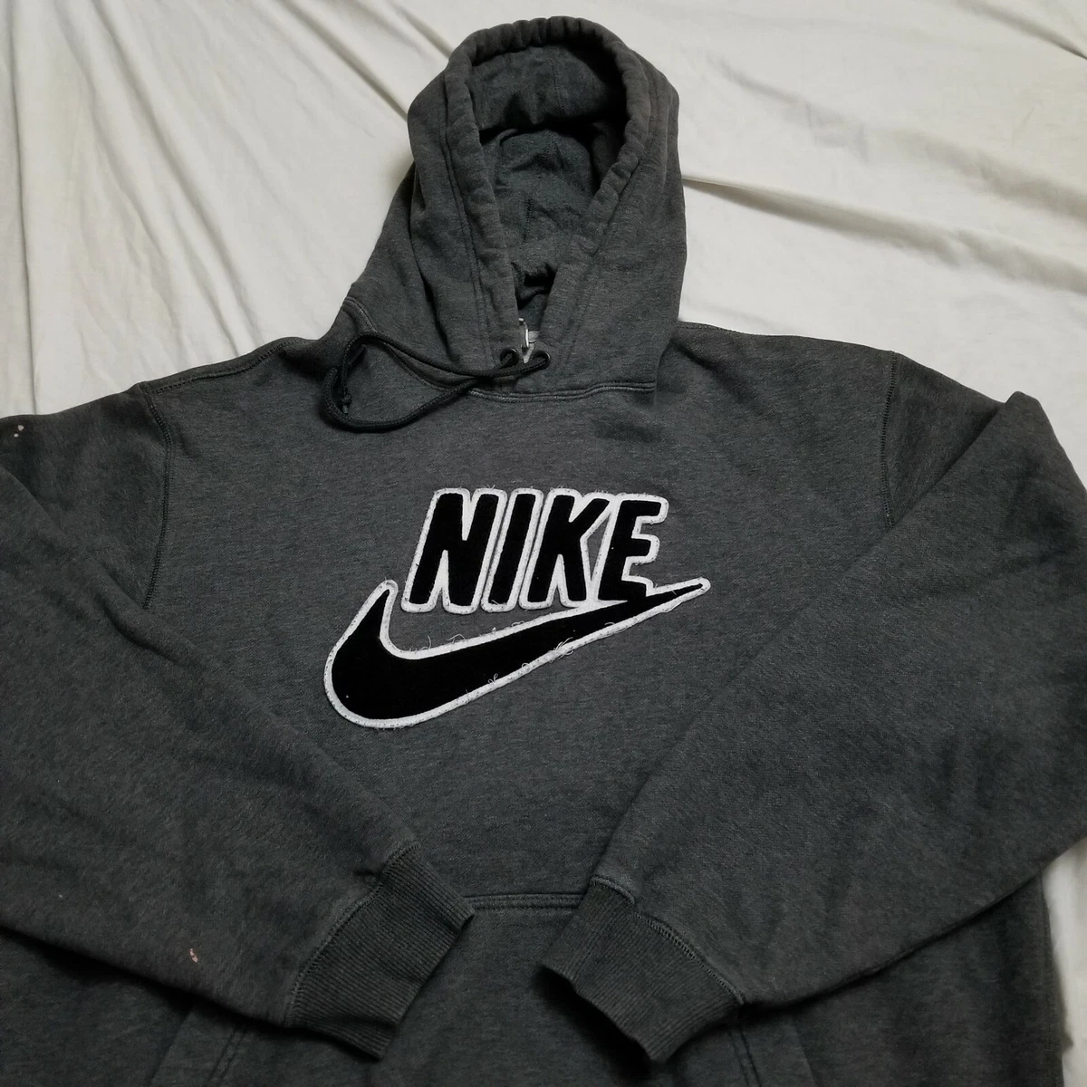 Vintage Nike Big Swoosh Logo Embroidered Hoodie Gray Black Center Large