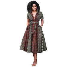 African Dresses for Women Short Sleeve V-neck High Waist Ankara Fabric Print
