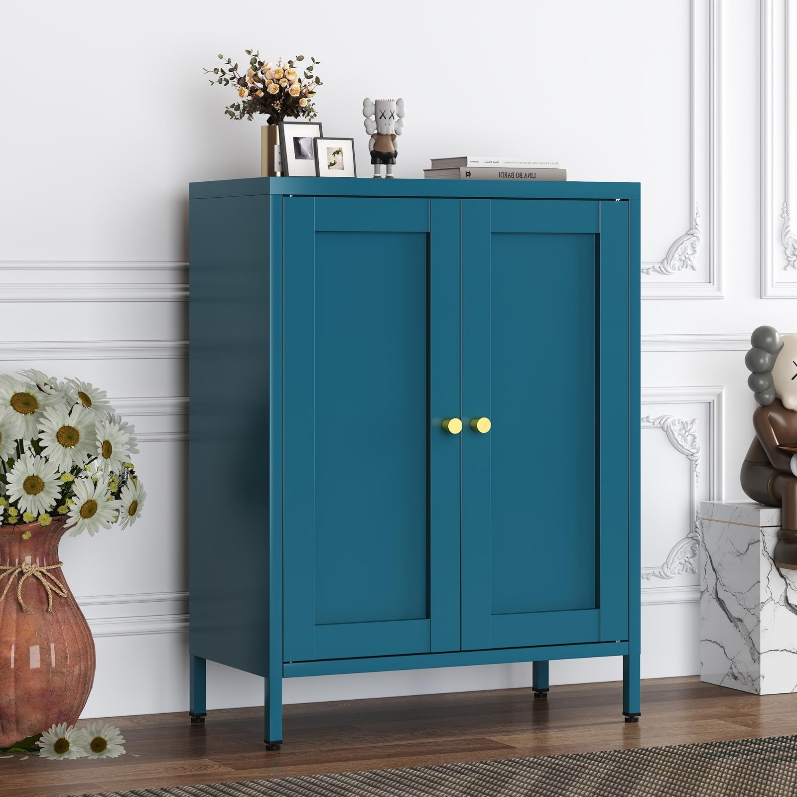 Blue Metal Storage Cabinet,2 Door TV Stand, Metal Mesh Accen