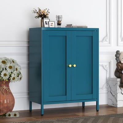Blue Metal Storage Cabinet,2 Door TV Stand, Metal Mesh Accent Cabinet