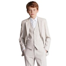 Boys Slim Fit Linen Tuxedo 3-Pc Set - Blazer, Vest, Pants for Wedding, Prom