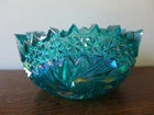 Vintage LE Smith Large 8" Teal Blue Comet in the Stars Bowl Carnival Glass