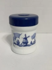 Holland Canister Delft Blue Milk Glass Dutch Motif jar Lidded Humidor 6”