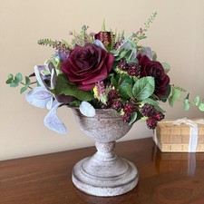 Realistic Artificial Silk Flower Arrangement Red Rose Heather Berry Rustic Vase