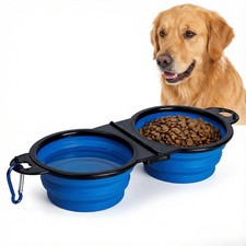 Foldable Dual Dog Bowls Silicone Pet Bowls with Carabiner for Camping Hiking