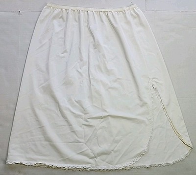 Shadowline Womens Large Satin Nylon Off White HALF SLIP Skirt Lace Hem Slit Vtg